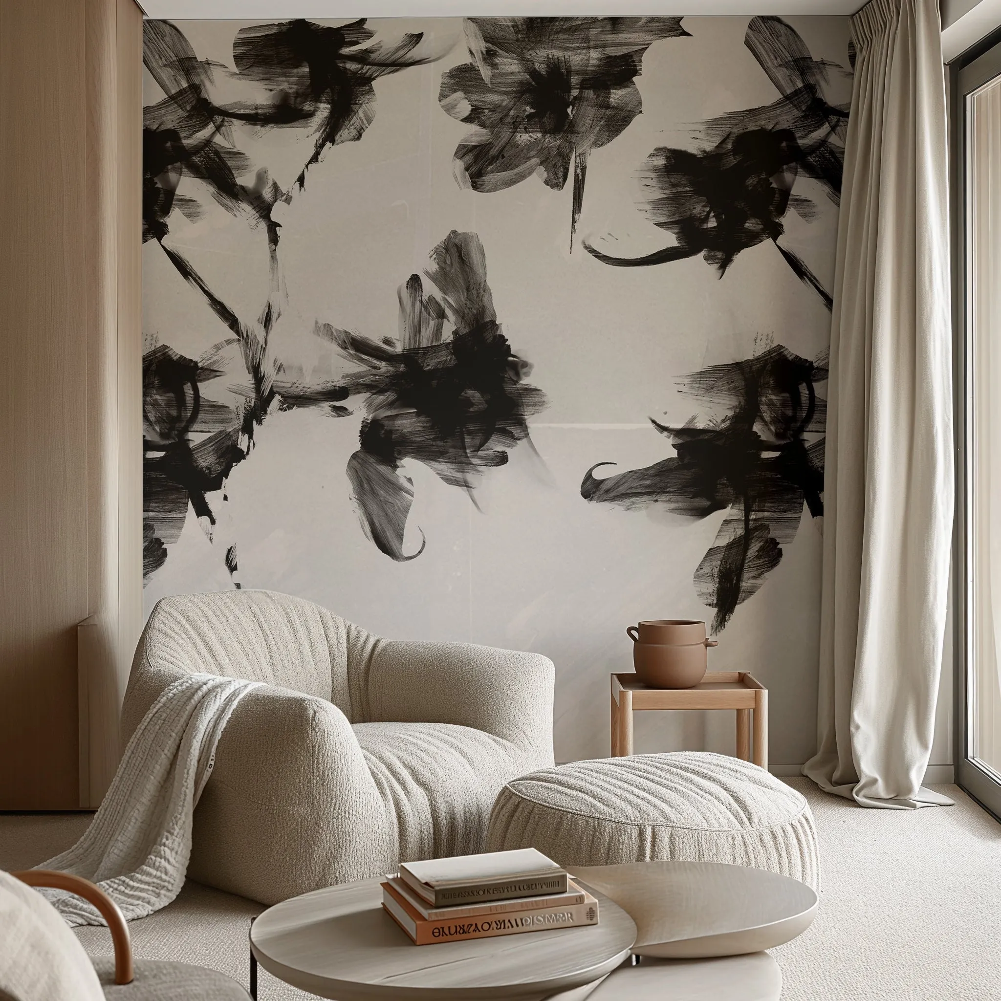 Abstract Black and White Floral Wallpaper