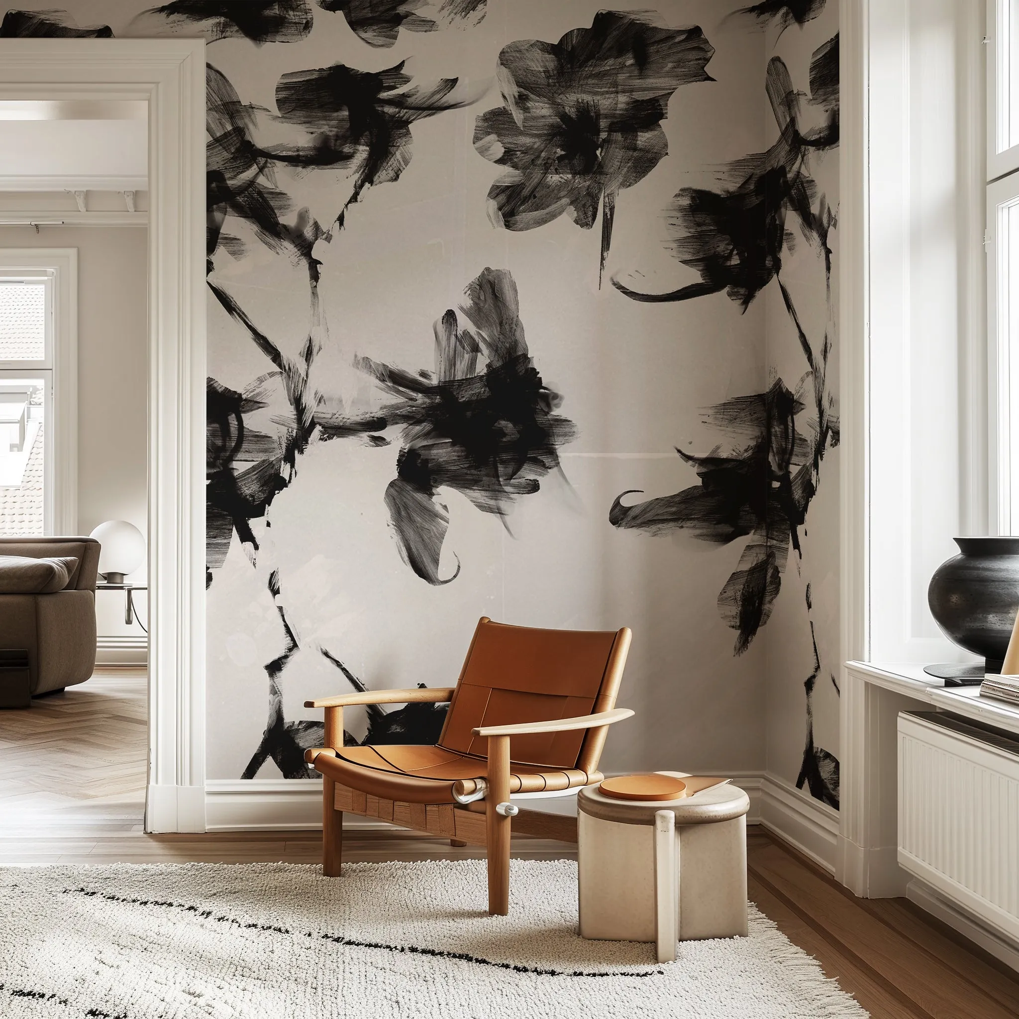 Abstract Black and White Floral Wallpaper