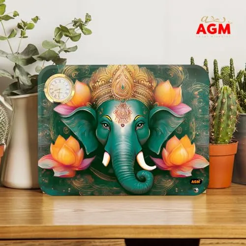 AGM Acrylic Ganesha Desktop Photo Stand with Small Clock 6x8 inches (Landscape), Table-top for Home, Office, Workspace, Shelf, Thoughtful Gift for Special Occasions (Bottle Green, 3MM)