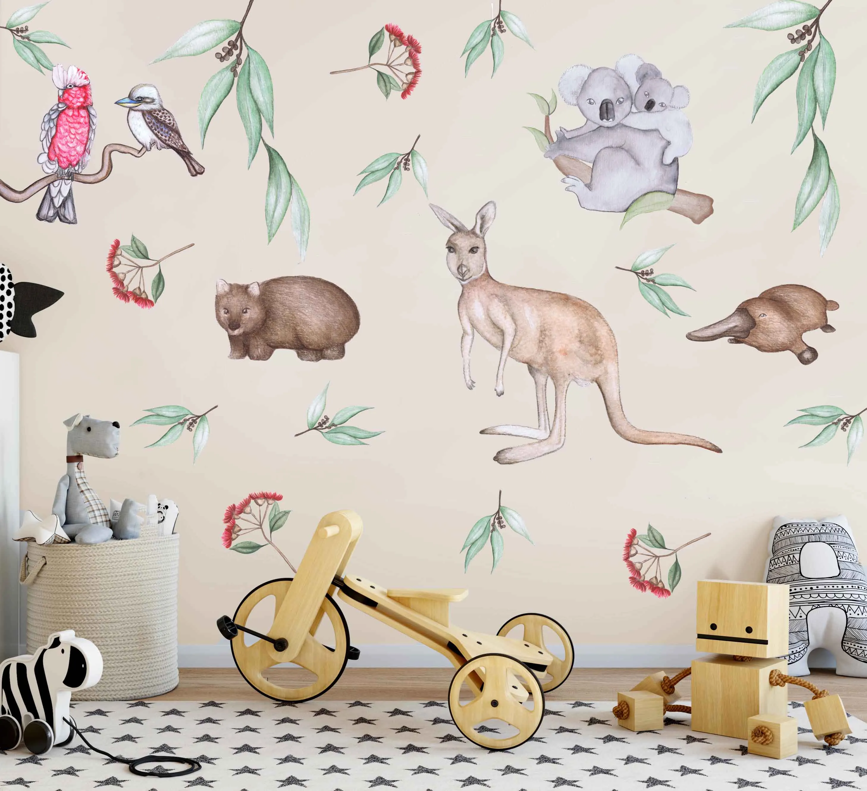 Australian Animals Australian Design Hand Painted Peel & Stick, Removable Wall Decal. Nursery, Kids Playroom, Kids Teens Bedroom