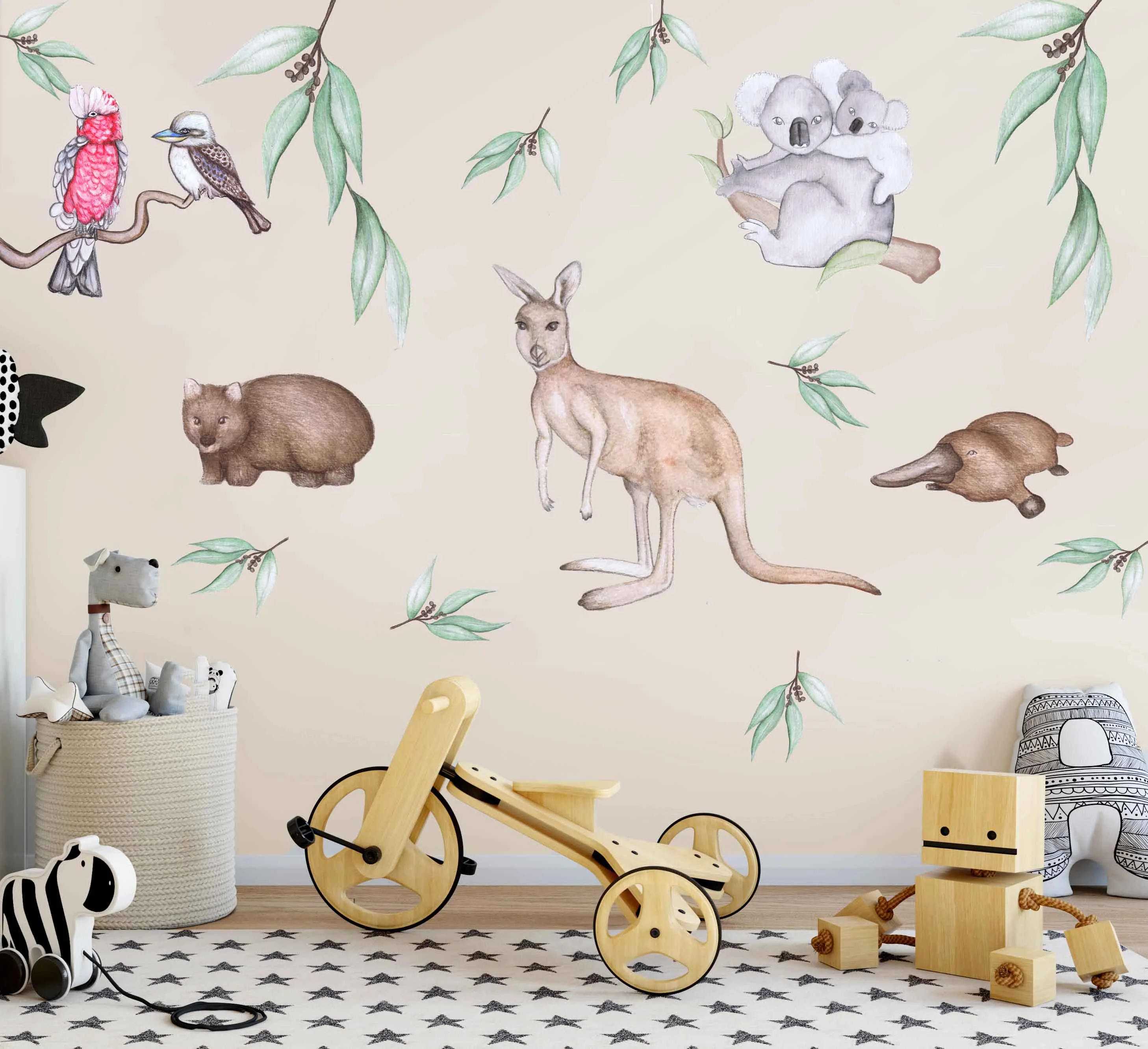 Australian Animals Australian Design Hand Painted Peel & Stick, Removable Wall Decal. Nursery, Kids Playroom, Kids Teens Bedroom