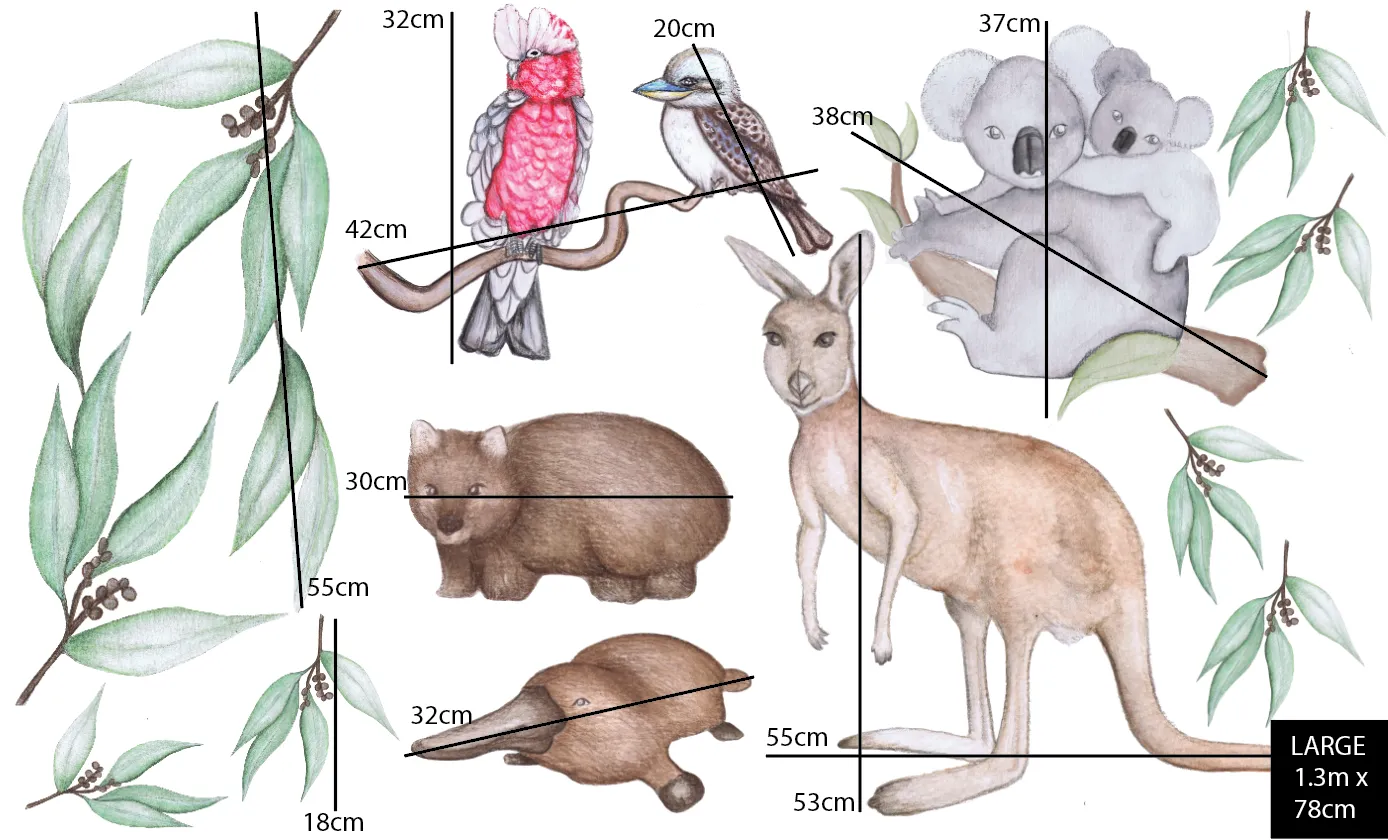 Australian Animals Australian Design Hand Painted Peel & Stick, Removable Wall Decal. Nursery, Kids Playroom, Kids Teens Bedroom