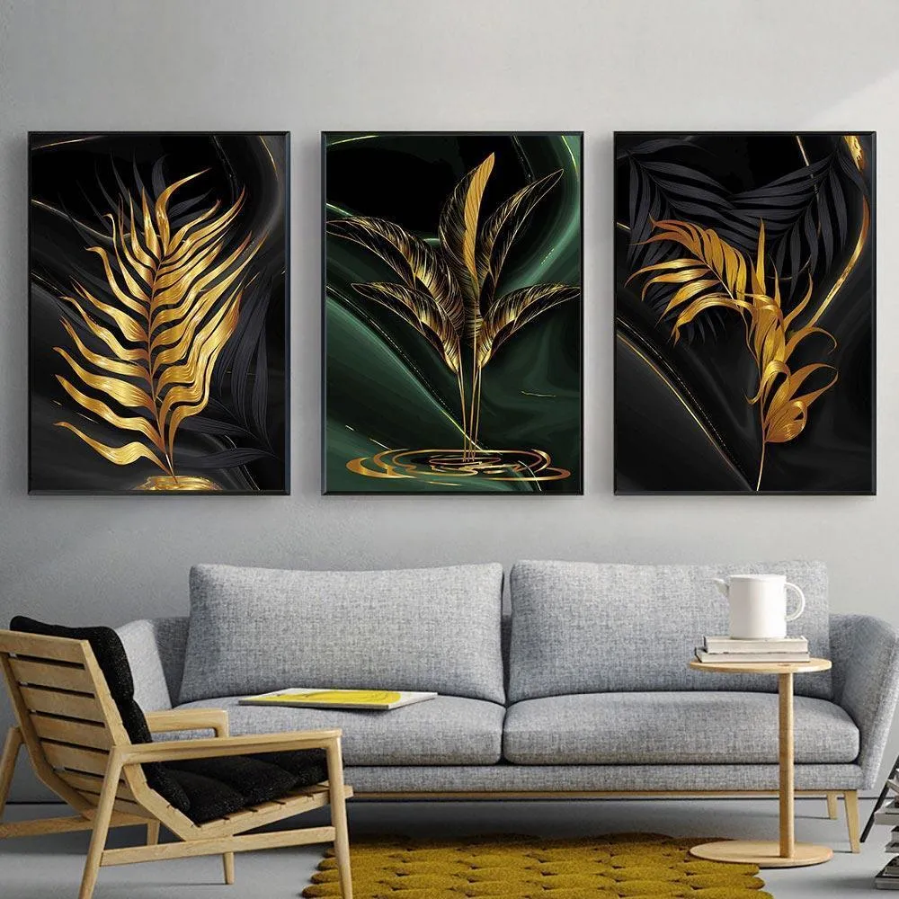 Black Abstract Gold Plant Leaves Wall Art Prints (60x90cm)