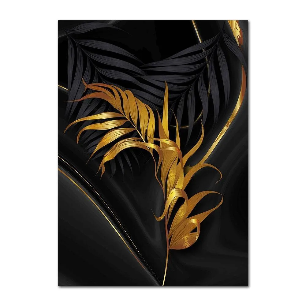 Black Abstract Gold Plant Leaves Wall Art Prints (60x90cm)