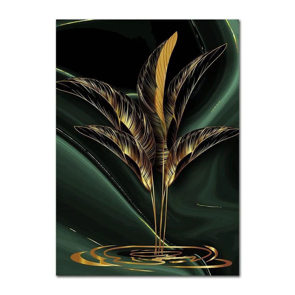 Black Abstract Gold Plant Leaves Wall Art Prints (60x90cm)