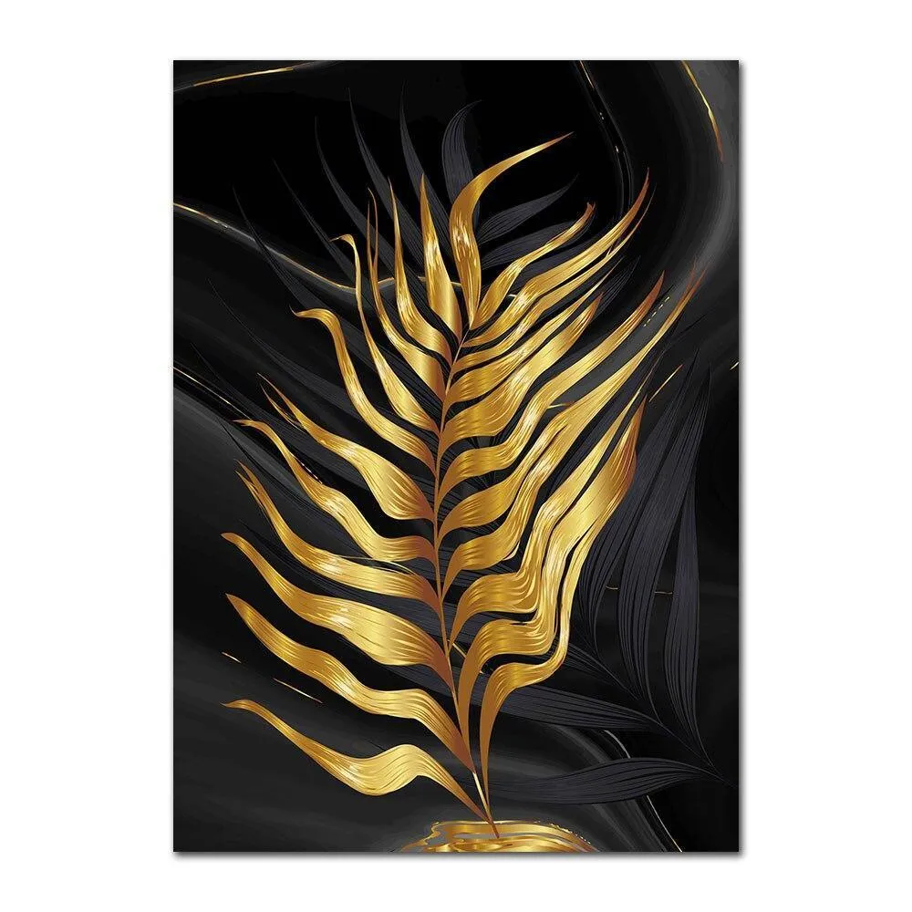 Black Abstract Gold Plant Leaves Wall Art Prints (60x90cm)