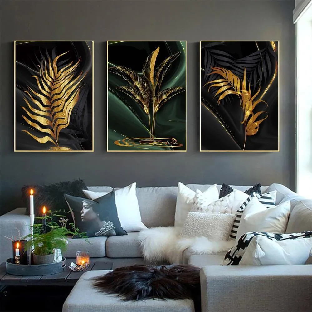 Black Abstract Gold Plant Leaves Wall Art Prints (60x90cm)
