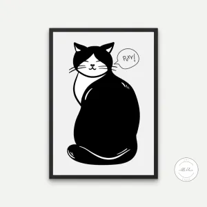 Black & White Purr Cat Artwork INSTANT DOWNLOAD Art Print, Cute Cat Poster, Gift Ideas For a Cat Lover, Avant-Garde Wall Art