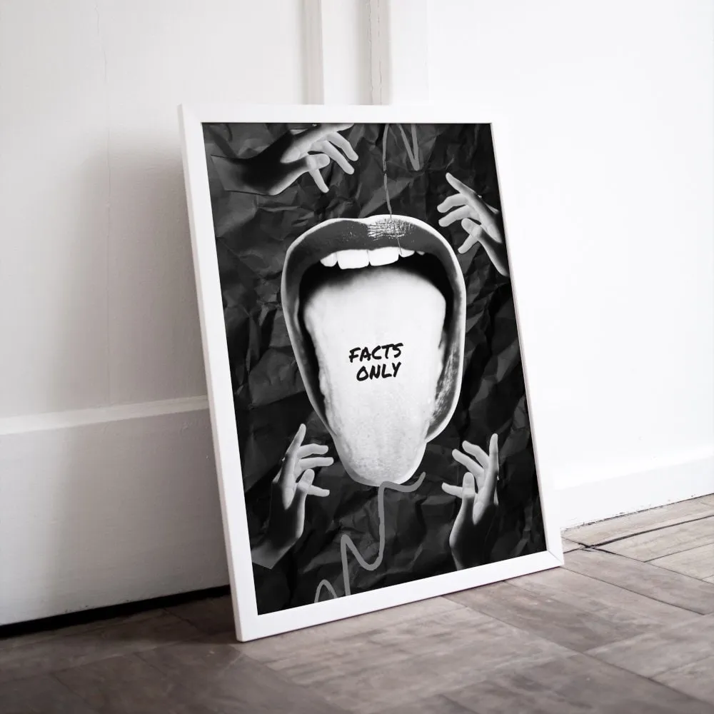 Black And White Facts Only Tongue Poster PRINTABLE ART, Funny Sarcastic Quote, Rock Roll Poster, Cool Artwork, Big Mouth, Black And White Abstract Wall Art