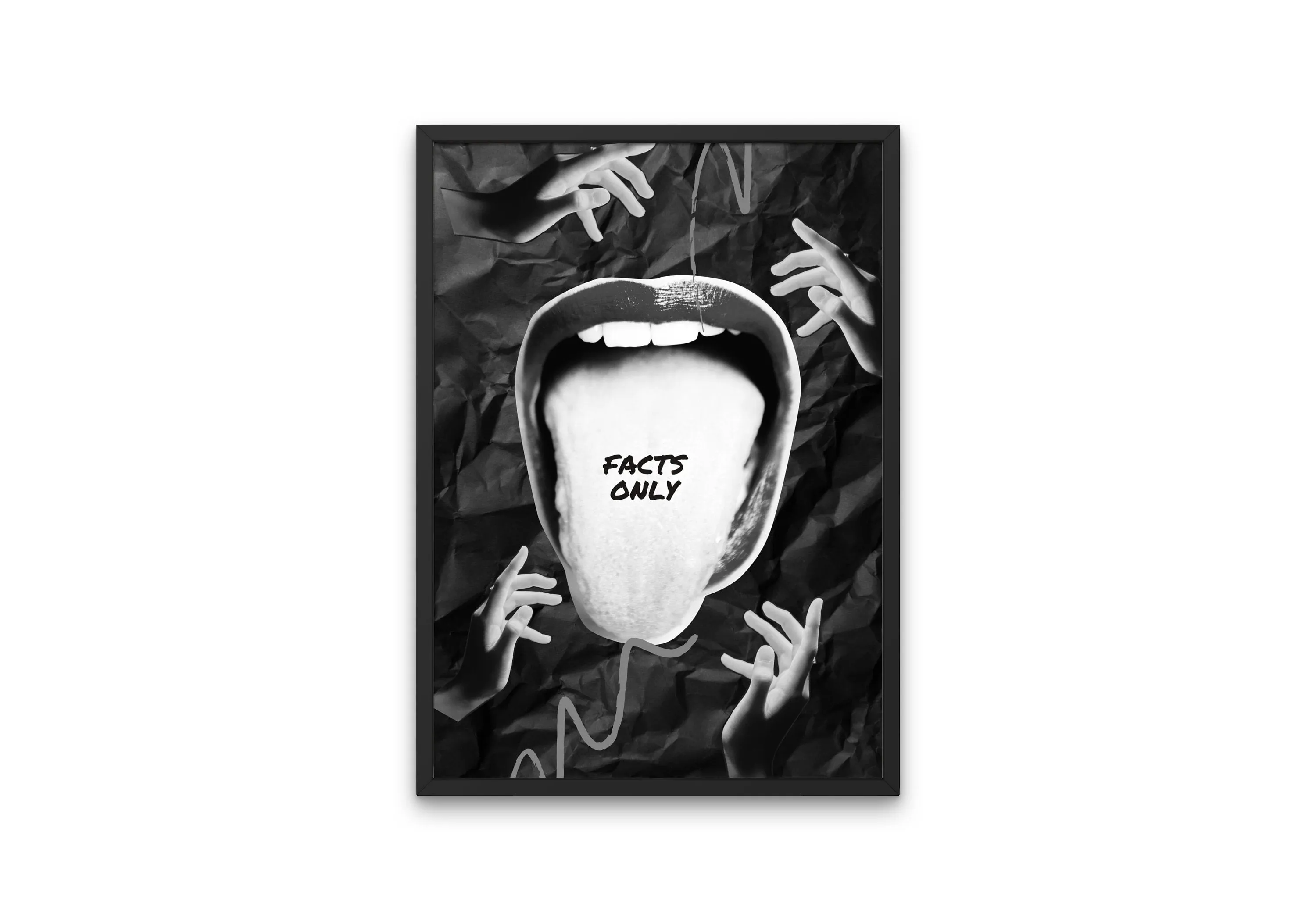 Black And White Facts Only Tongue Poster PRINTABLE ART, Funny Sarcastic Quote, Rock Roll Poster, Cool Artwork, Big Mouth, Black And White Abstract Wall Art