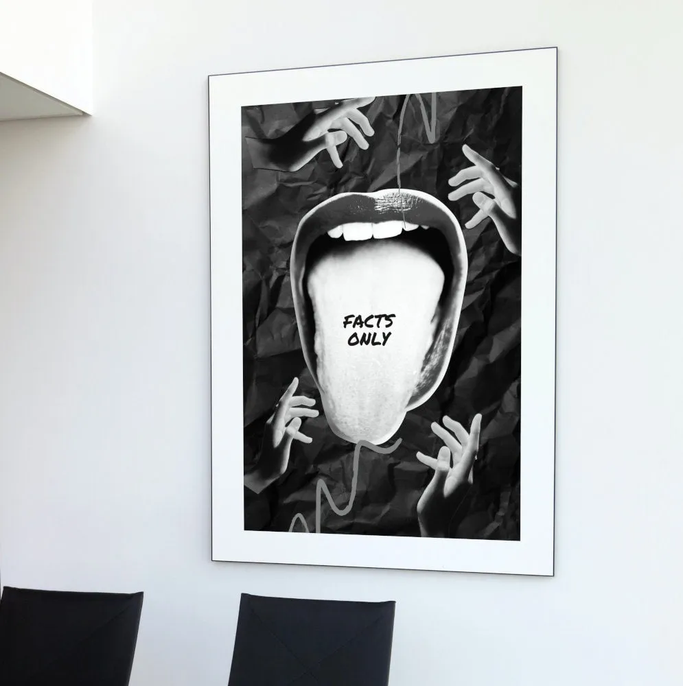 Black And White Facts Only Tongue Poster PRINTABLE ART, Funny Sarcastic Quote, Rock Roll Poster, Cool Artwork, Big Mouth, Black And White Abstract Wall Art