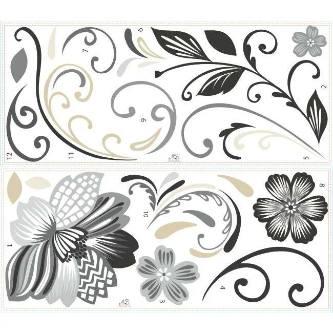 Black and White Flower Scroll Peel and Stick Giant Wall Decals