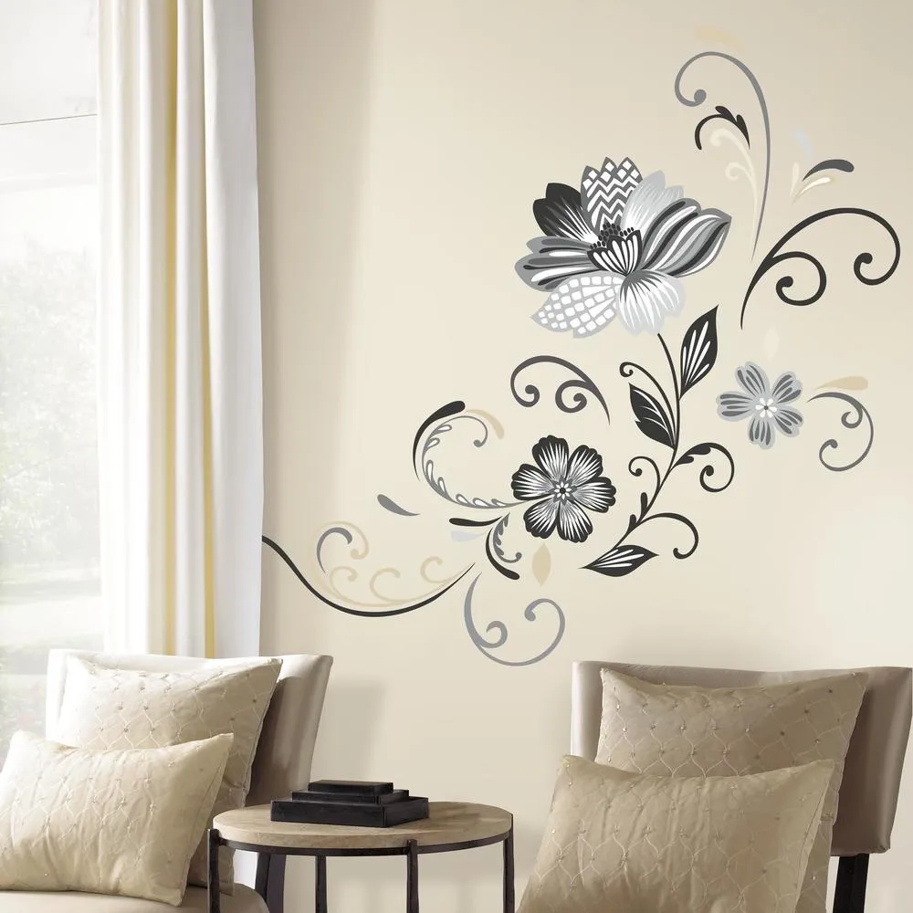 Black and White Flower Scroll Peel and Stick Giant Wall Decals