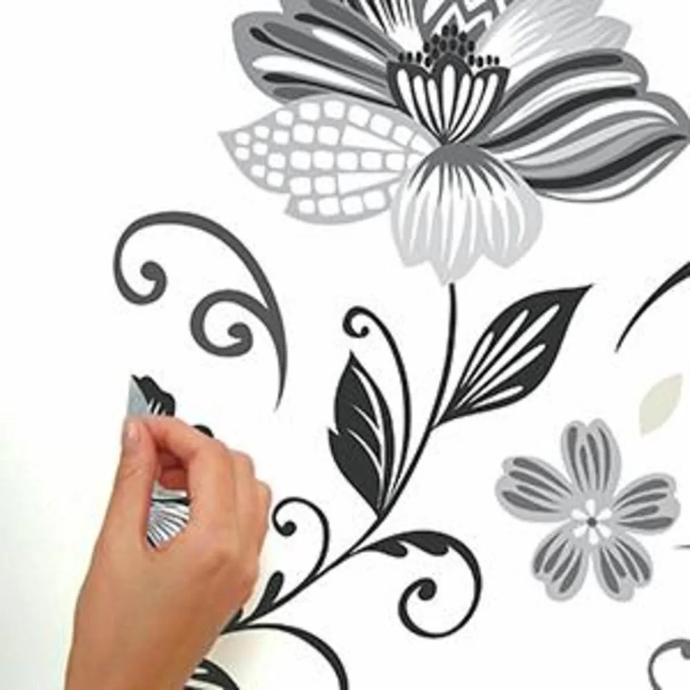 Black and White Flower Scroll Peel and Stick Giant Wall Decals