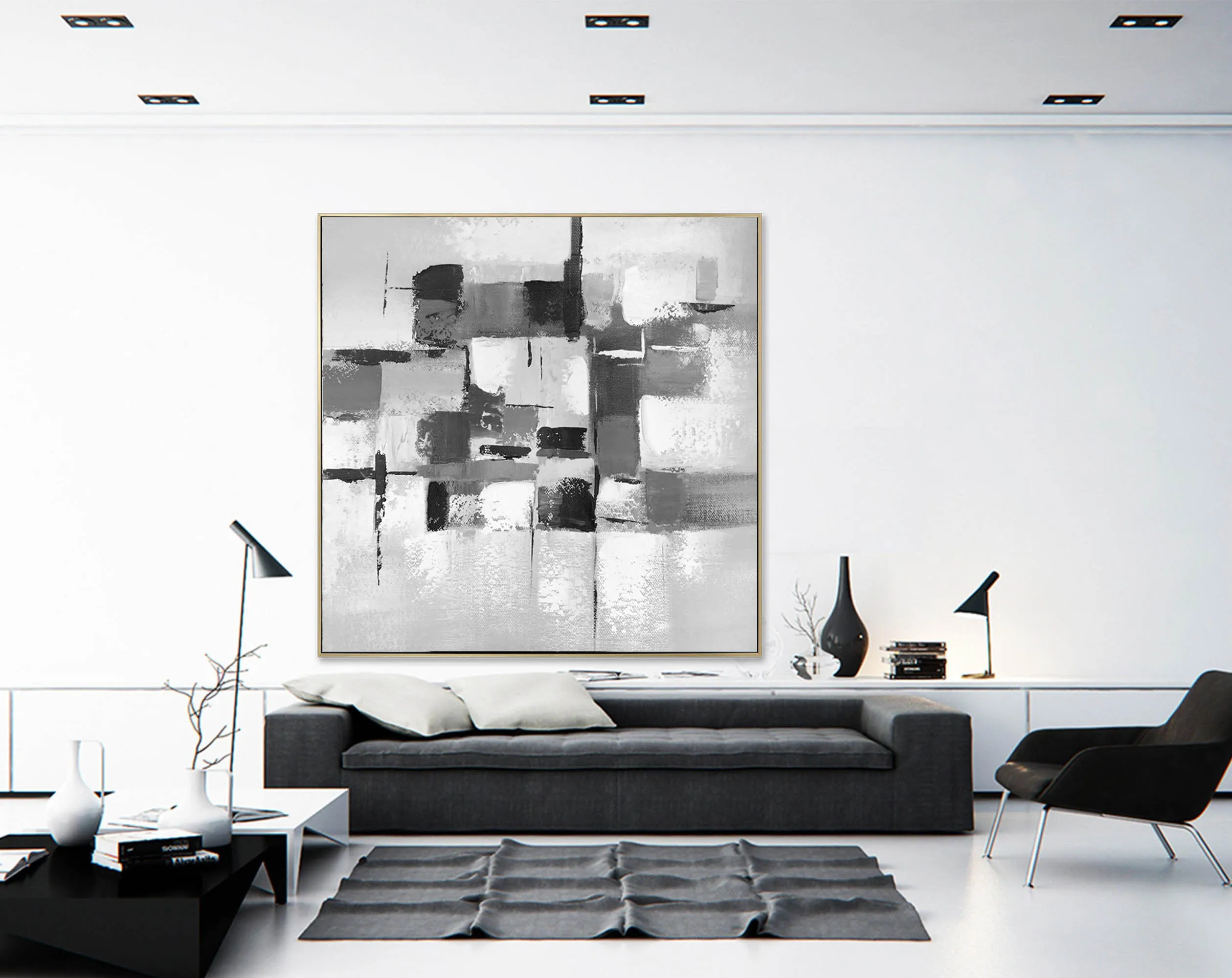 Black and White Wall Art Canvas Grey Abstract Painting cp033