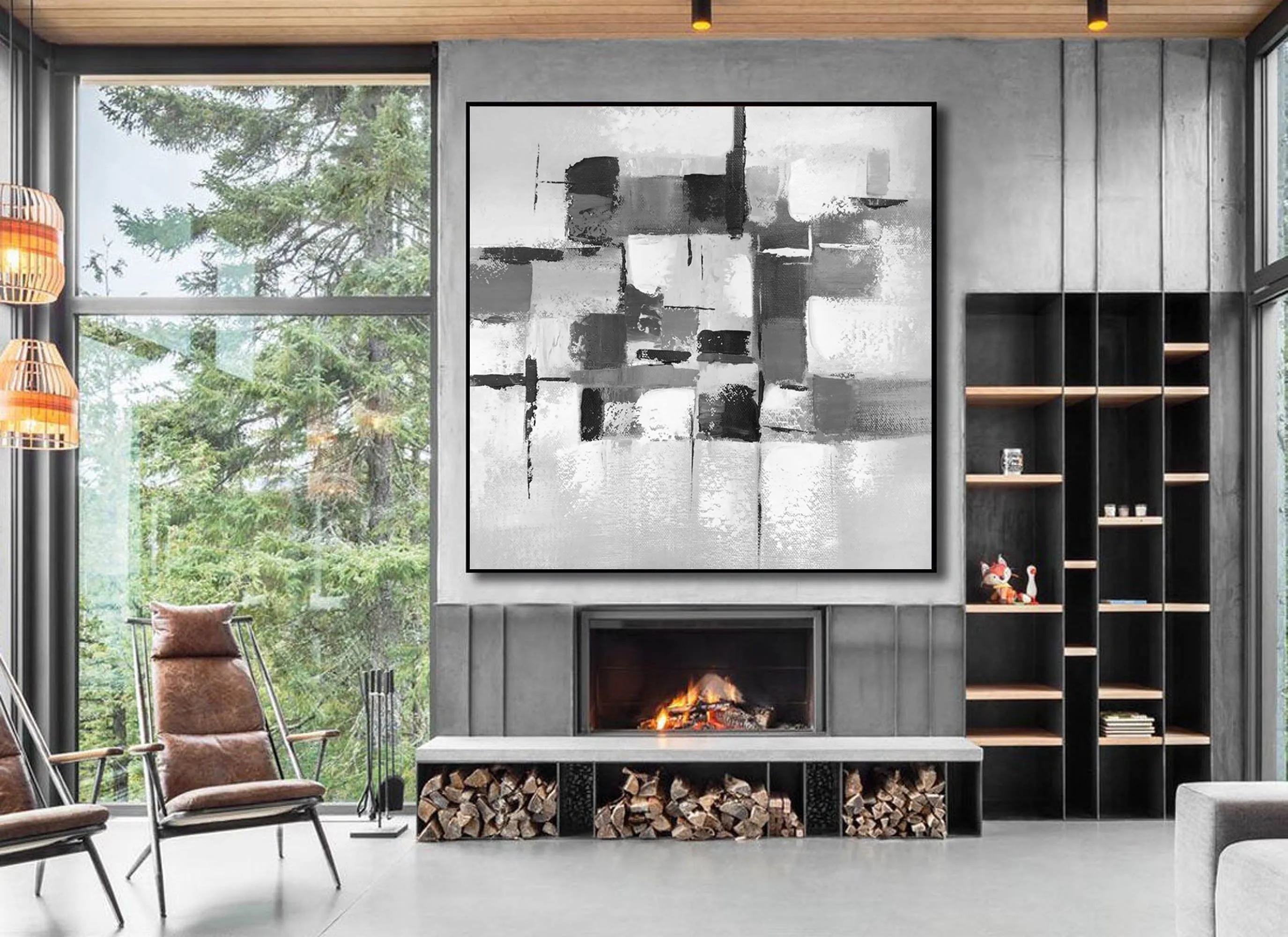 Black and White Wall Art Canvas Grey Abstract Painting cp033