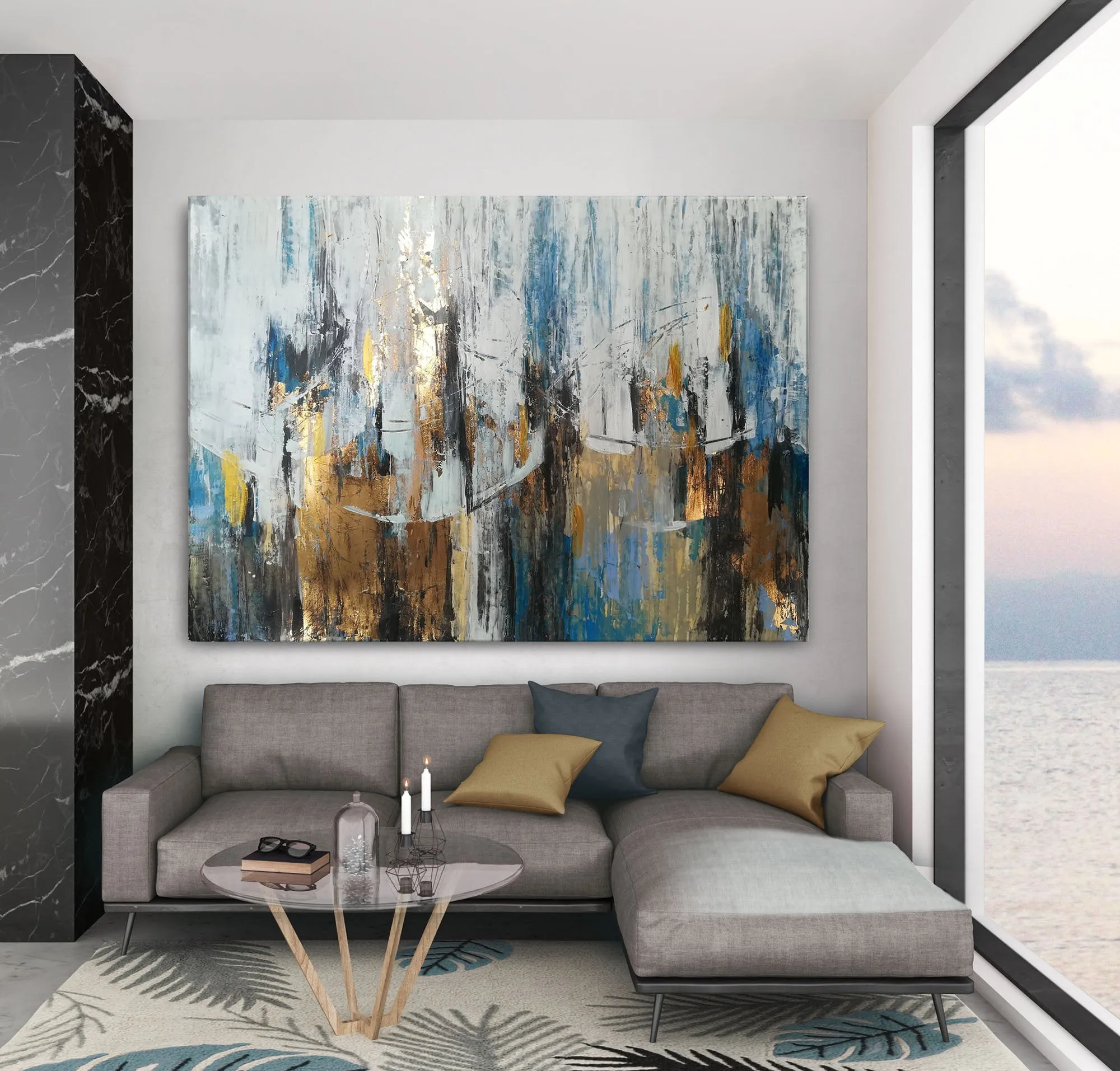 Blue Gray Abstract Painting Gold Leaf Art Modern Canvas Art Sp045