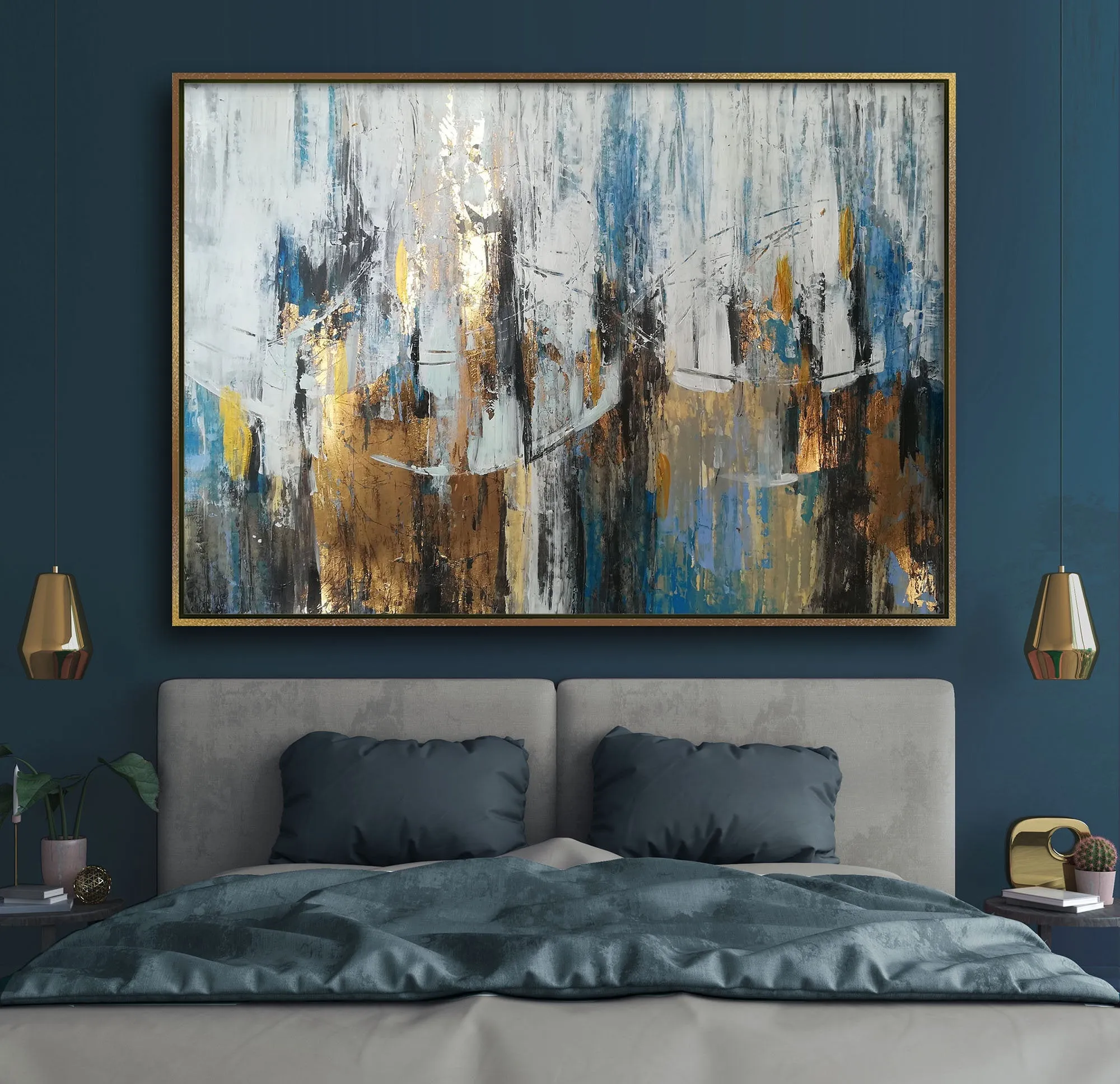 Blue Gray Abstract Painting Gold Leaf Art Modern Canvas Art Sp045