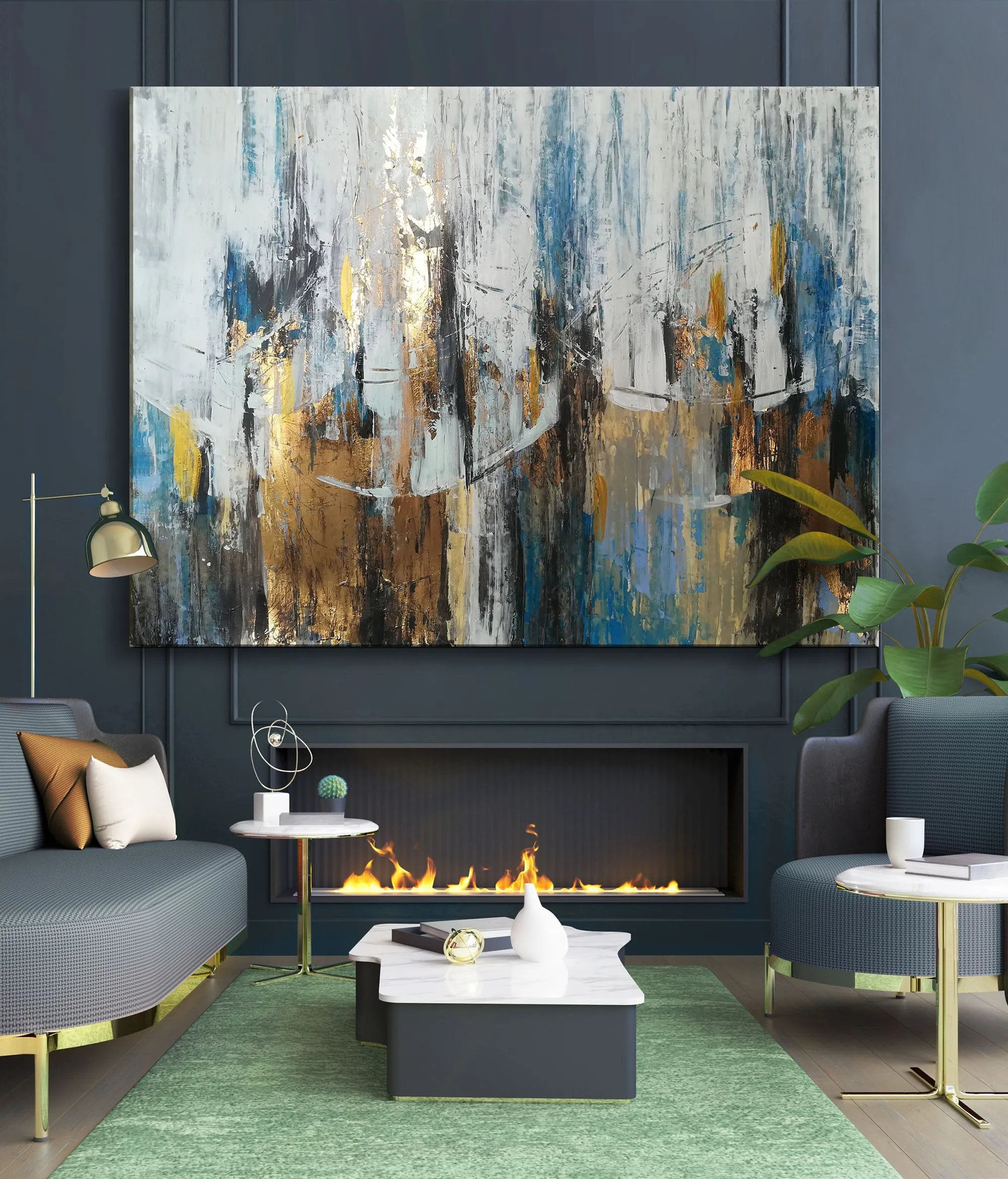 Blue Gray Abstract Painting Gold Leaf Art Modern Canvas Art Sp045