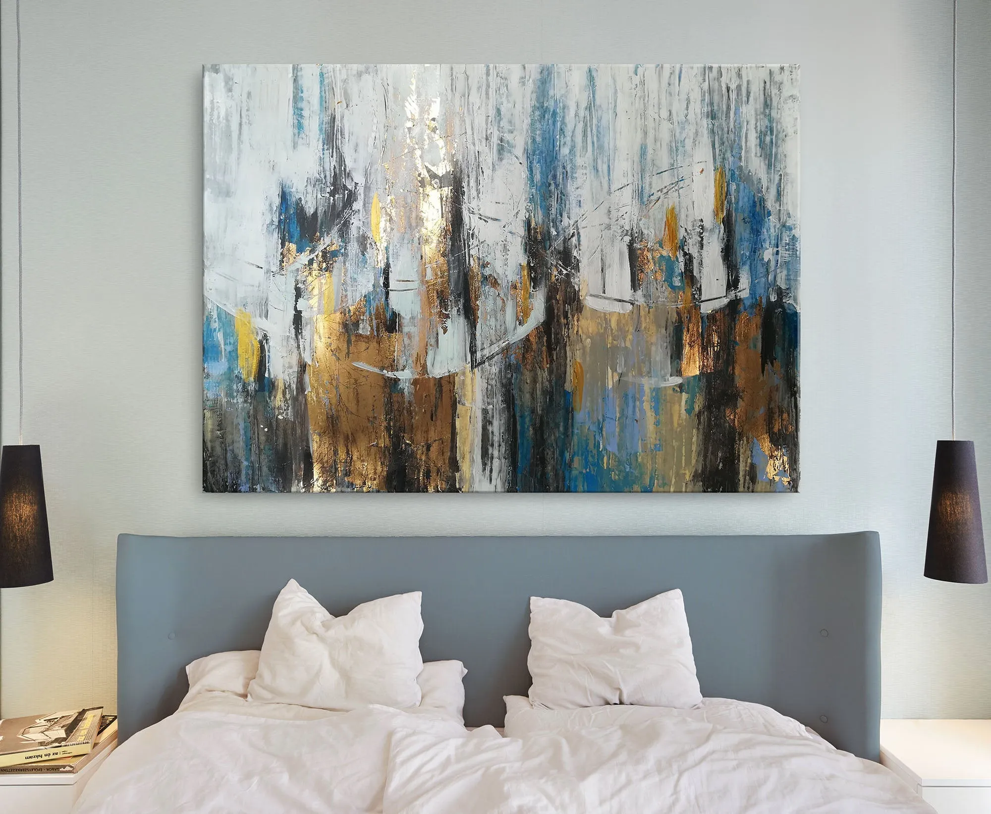 Blue Gray Abstract Painting Gold Leaf Art Modern Canvas Art Sp045