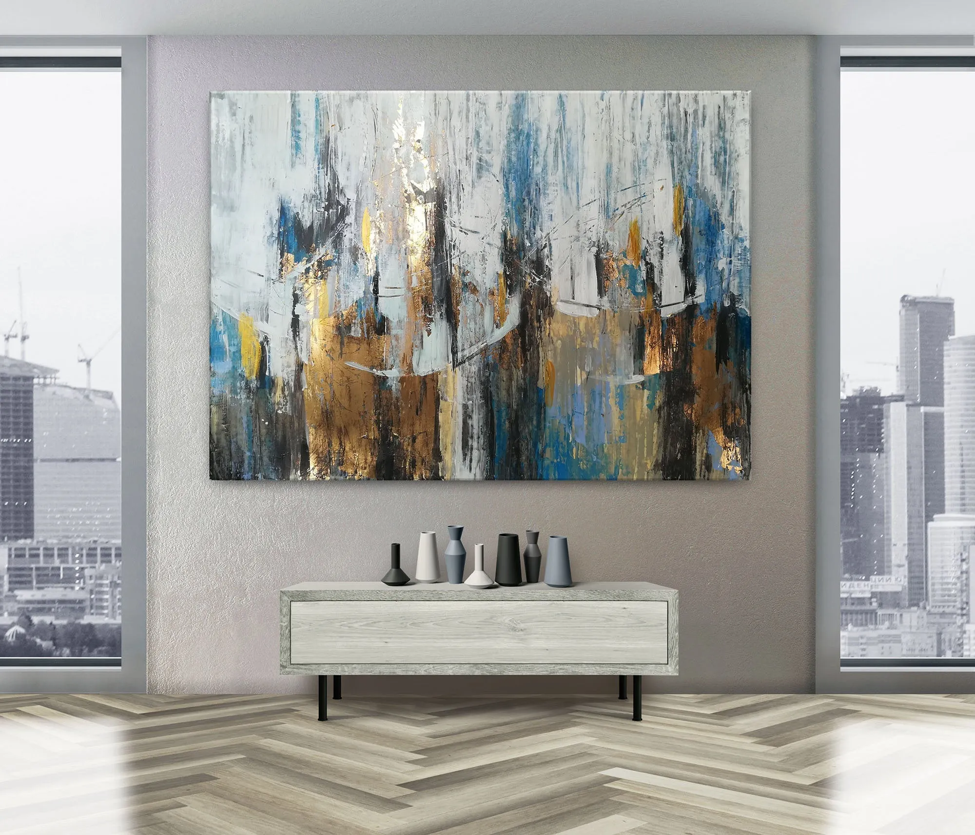 Blue Gray Abstract Painting Gold Leaf Art Modern Canvas Art Sp045