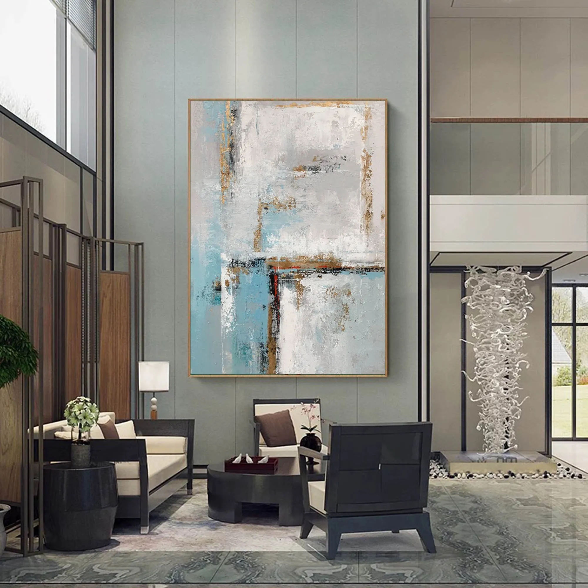 Blue White Gold Abstract Painting Contemporary Art Hand Painted Yp050