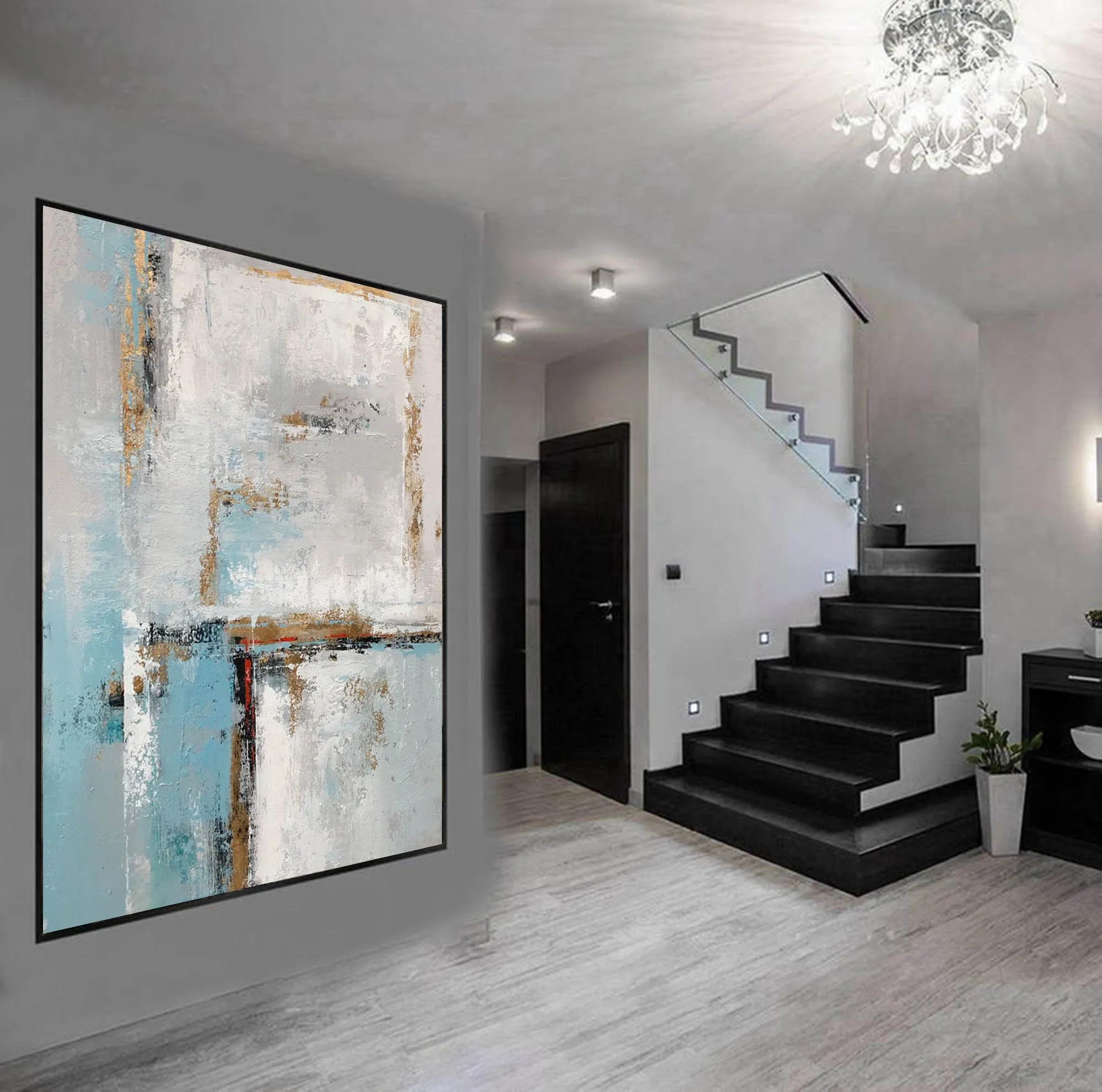 Blue White Gold Abstract Painting Contemporary Art Hand Painted Yp050