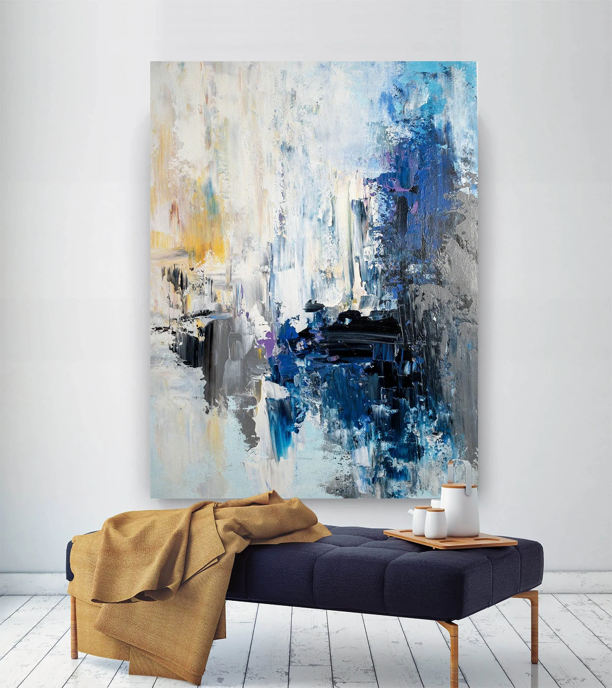 Blue White Yellow Abstract Painting Art Office Wall Art Qp005