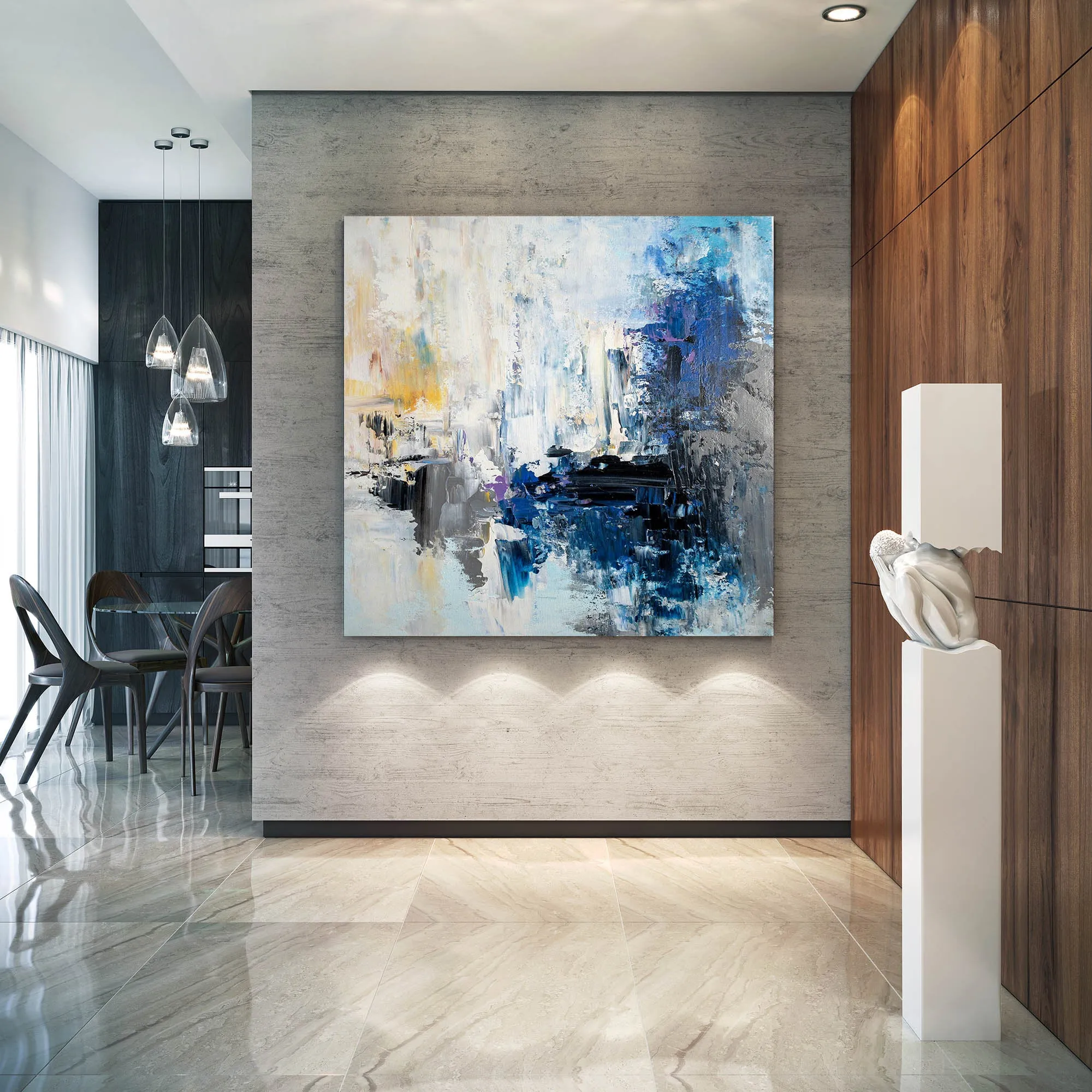 Blue White Yellow Abstract Painting Art Office Wall Art Qp005