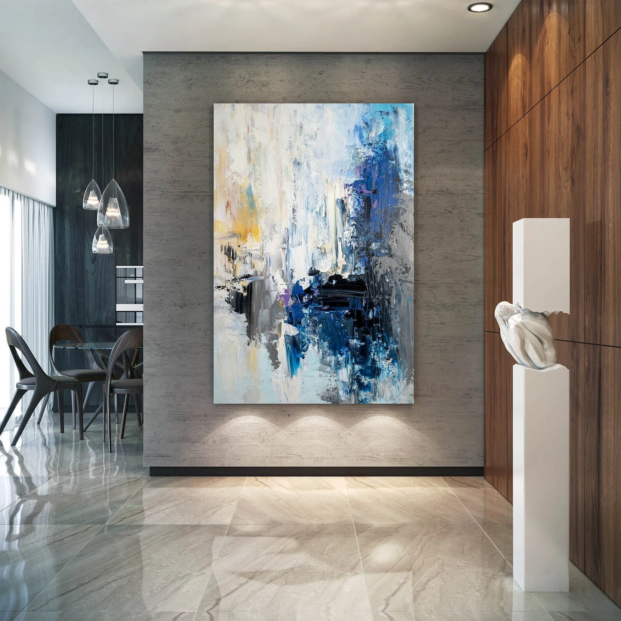 Blue White Yellow Abstract Painting Art Office Wall Art Qp005