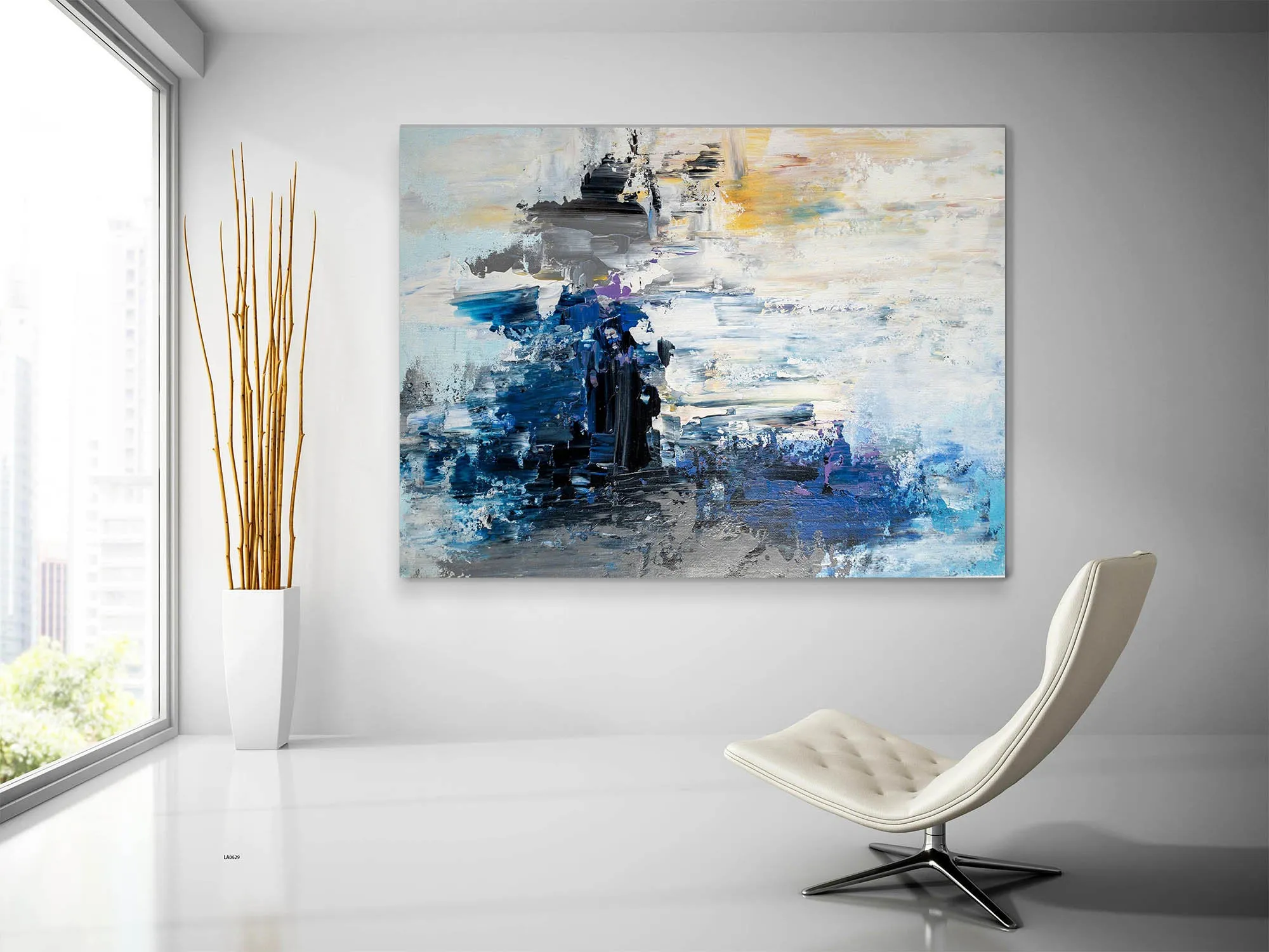 Blue White Yellow Abstract Painting Art Office Wall Art Qp005