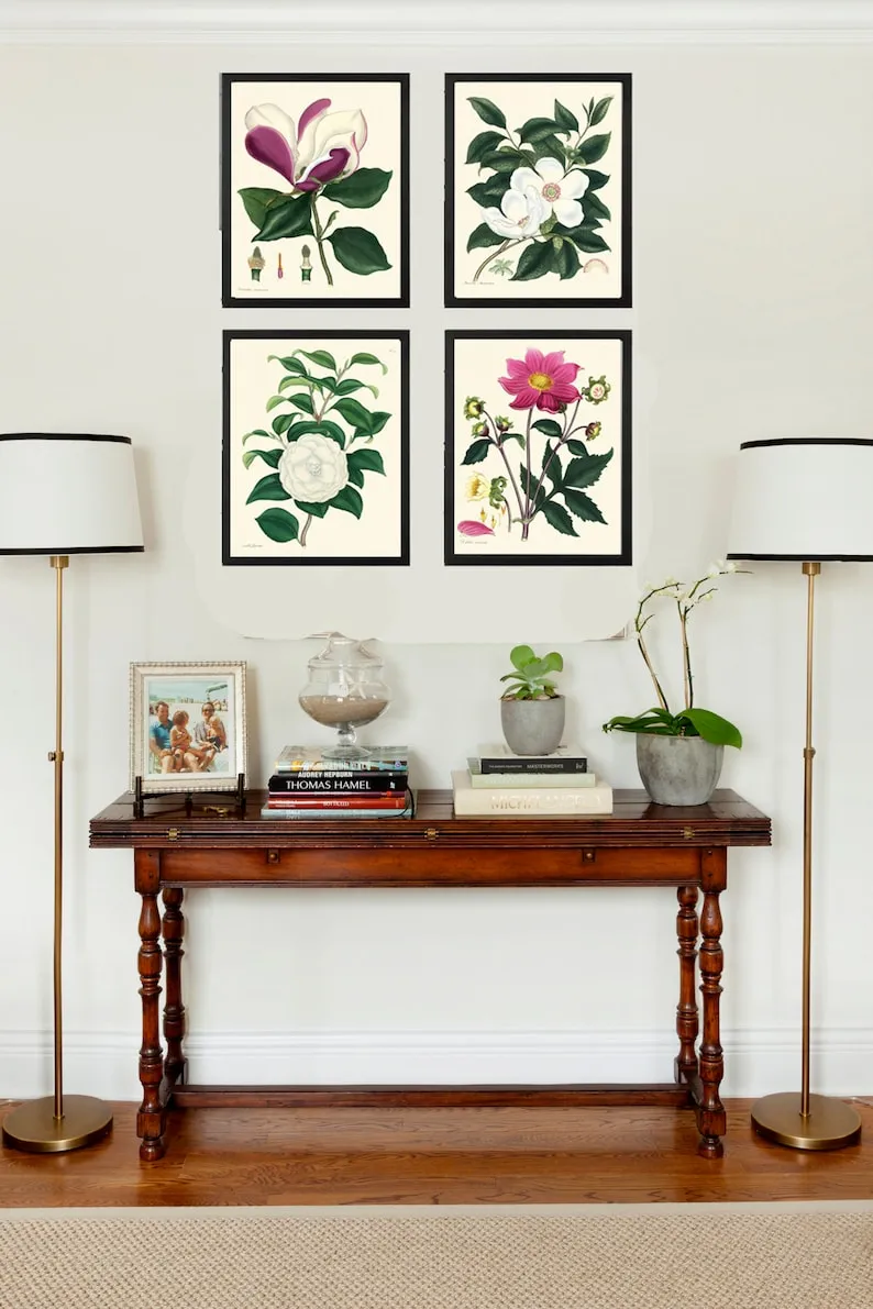Botanical Print Set of 4 Prints Beautiful Antique Wall Art Rose Pink White Magnolia Camellia Spring Garden Flowers Home Decor to Frame HA