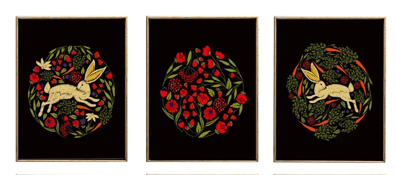 Bunny Red Poppies Carrots Wall Art Set of 3 Prints Beautiful Black Dark Background Embroidery Based Home Room Decor Decoration to Frame CM
