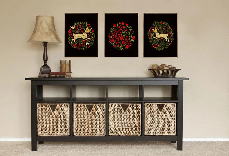 Bunny Red Poppies Carrots Wall Art Set of 3 Prints Beautiful Black Dark Background Embroidery Based Home Room Decor Decoration to Frame CM