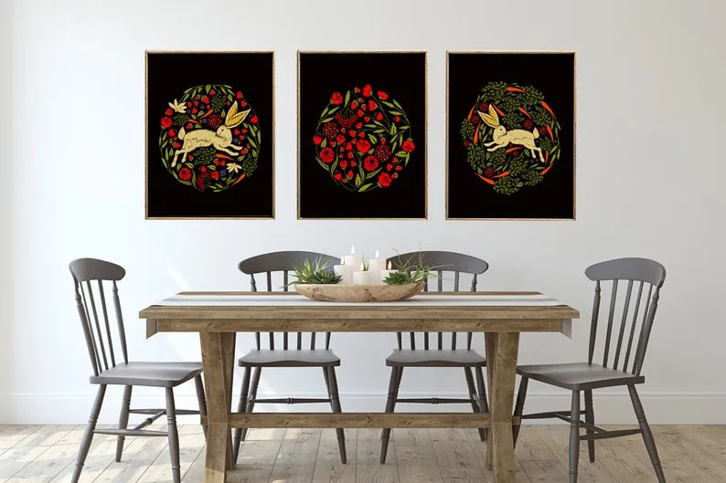 Bunny Red Poppies Carrots Wall Art Set of 3 Prints Beautiful Black Dark Background Embroidery Based Home Room Decor Decoration to Frame CM