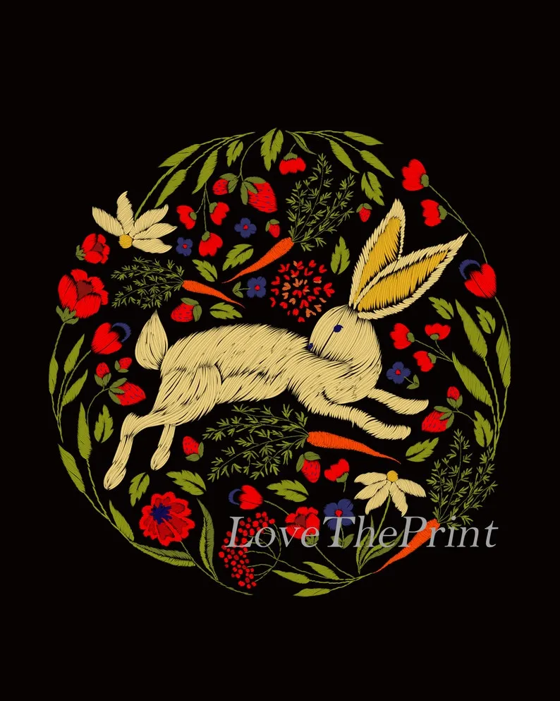 Bunny Red Poppies Carrots Wall Art Set of 3 Prints Beautiful Black Dark Background Embroidery Based Home Room Decor Decoration to Frame CM