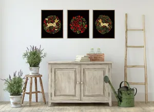 Bunny Red Poppies Carrots Wall Art Set of 3 Prints Beautiful Black Dark Background Embroidery Based Home Room Decor Decoration to Frame CM