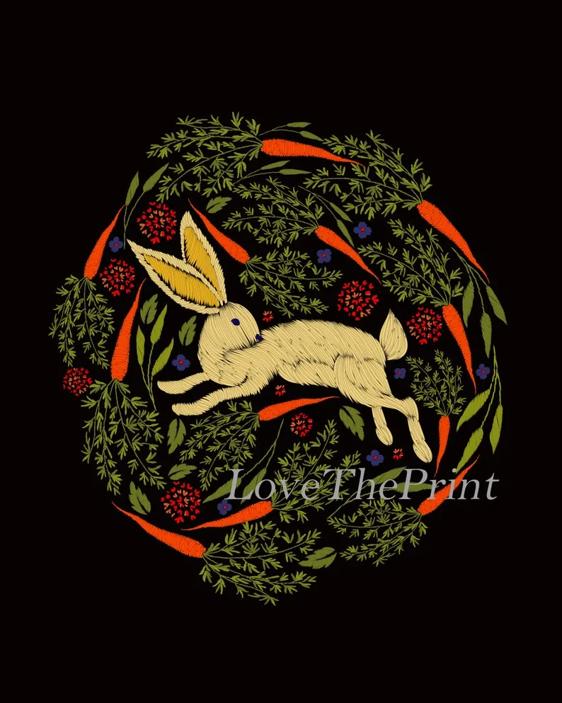 Bunny Red Poppies Carrots Wall Art Set of 3 Prints Beautiful Black Dark Background Embroidery Based Home Room Decor Decoration to Frame CM