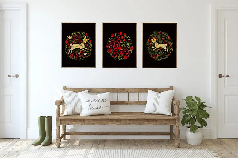 Bunny Red Poppies Carrots Wall Art Set of 3 Prints Beautiful Black Dark Background Embroidery Based Home Room Decor Decoration to Frame CM