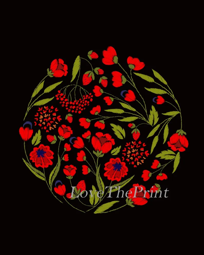 Bunny Red Poppies Carrots Wall Art Set of 3 Prints Beautiful Black Dark Background Embroidery Based Home Room Decor Decoration to Frame CM