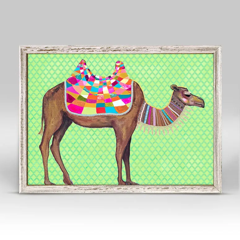 Camel With Ribbons & Lace On Lime Mini Framed Canvas