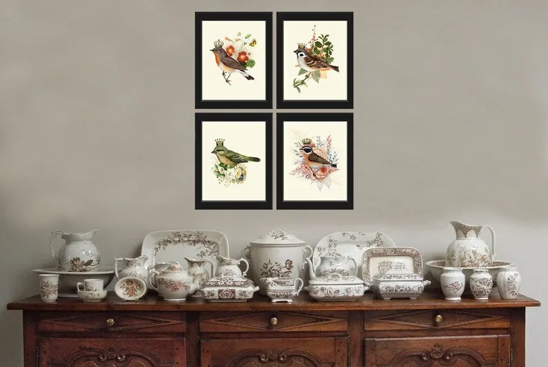 Crown Birds Wall Art Print Set of 4 Beautiful Whimsical Pretty Fairy Flower Queen King Bird Watercolor Painting Home Room Decor to Frame DC