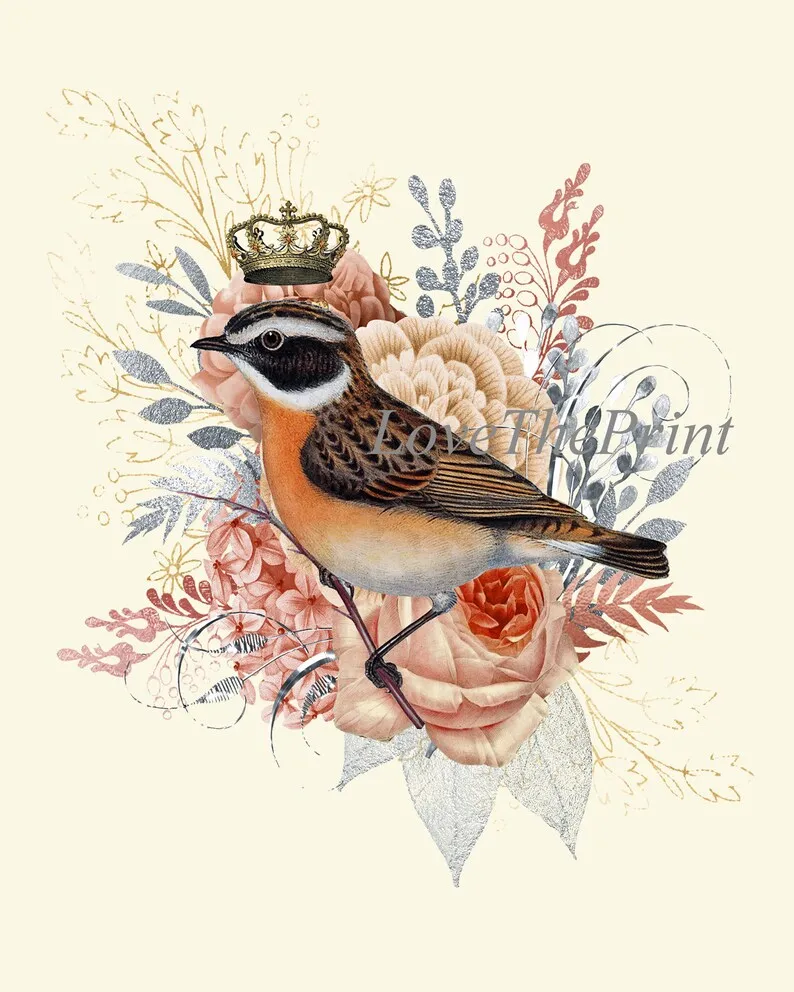Crown Birds Wall Art Print Set of 4 Beautiful Whimsical Pretty Fairy Flower Queen King Bird Watercolor Painting Home Room Decor to Frame DC