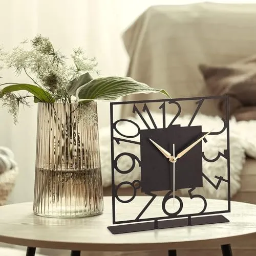 Decorila Battery Operated Desk Clock Modern Metal Desk Clock Reloj de Escritorio para Oficina Pequeña y Tranquila Junto a La Cama Desk Metal Clock (Black) (Bonni) (Piazza)