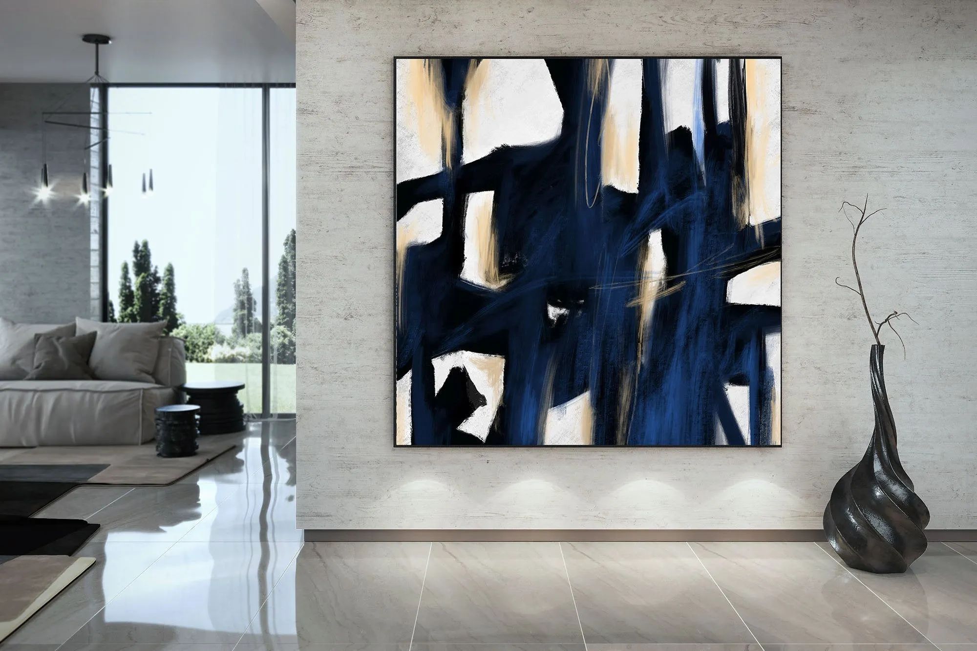 Deep Blue Beige White Abstract Painting Large Artwork Kp092