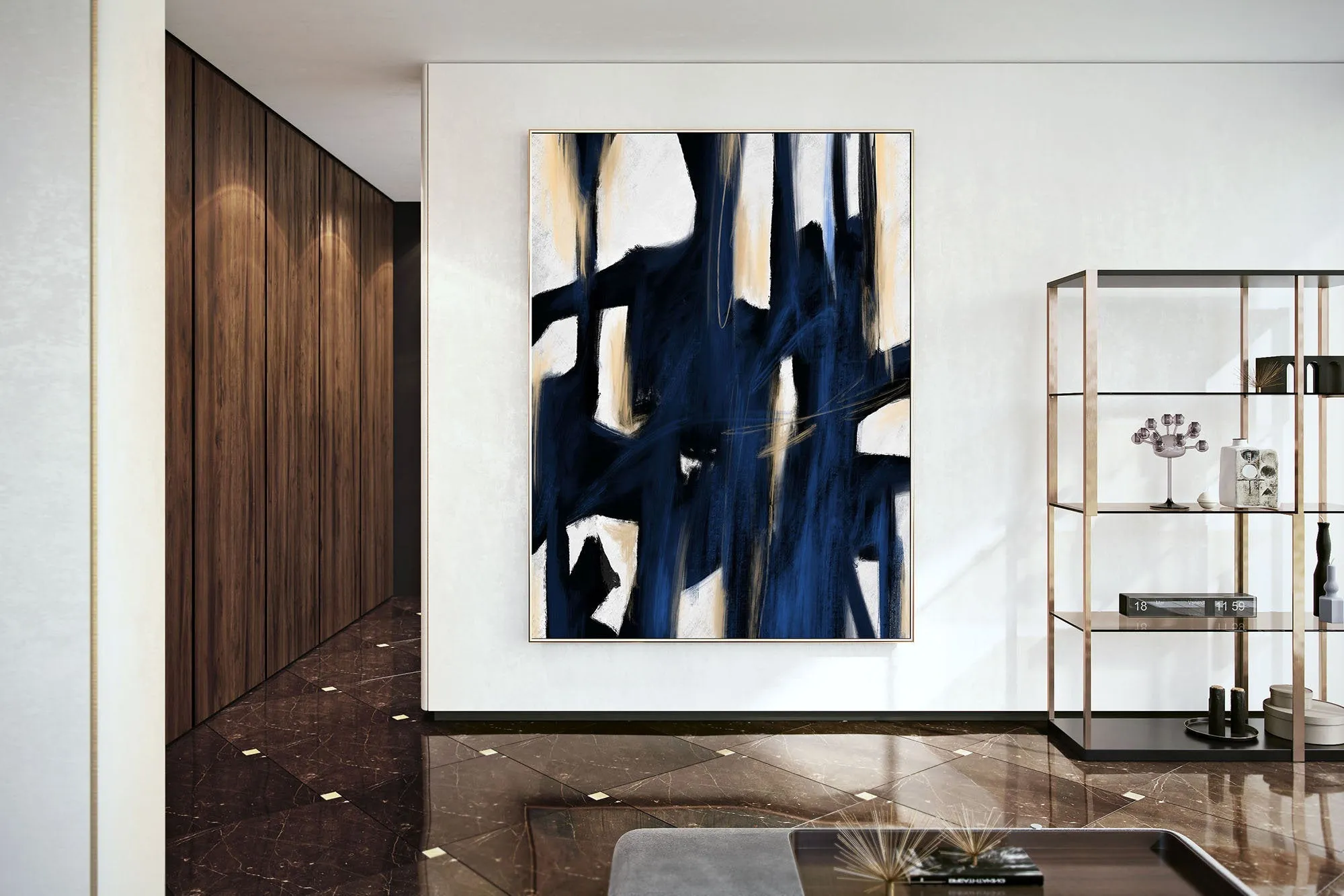 Deep Blue Beige White Abstract Painting Large Artwork Kp092