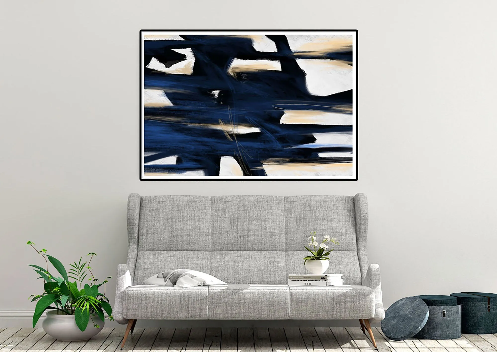 Deep Blue Beige White Abstract Painting Large Artwork Kp092