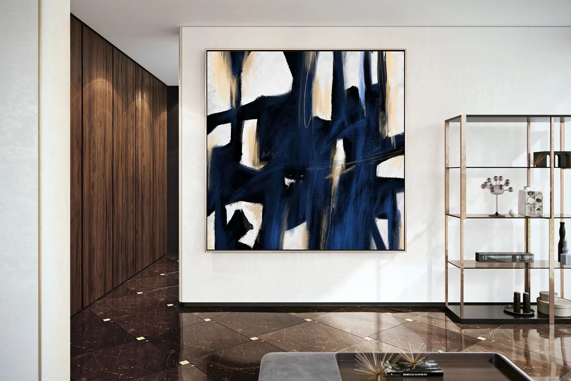 Deep Blue Beige White Abstract Painting Large Artwork Kp092