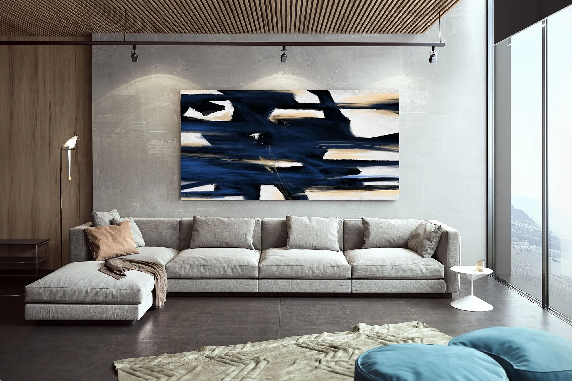 Deep Blue Beige White Abstract Painting Large Artwork Kp092