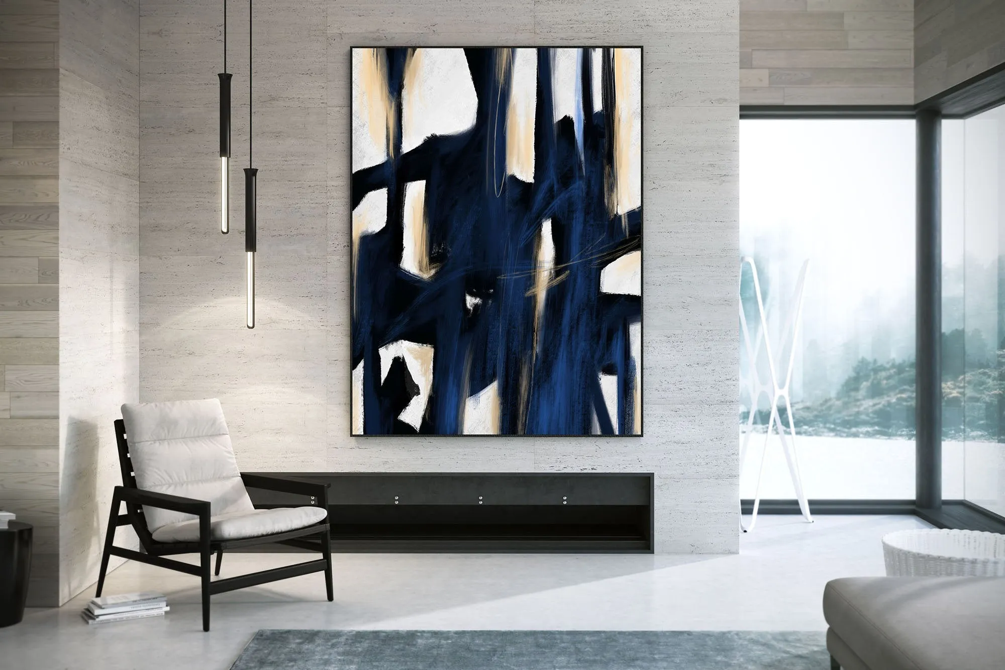 Deep Blue Beige White Abstract Painting Large Artwork Kp092